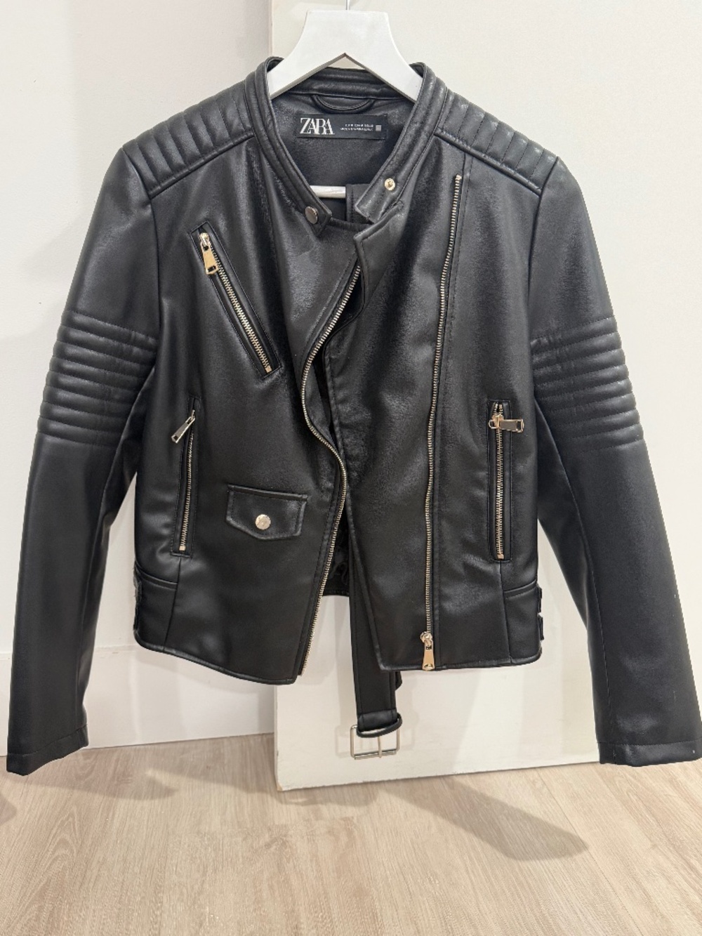 Zara Black Faux Leather Moto Jacket Silver Hardware Belted Bike